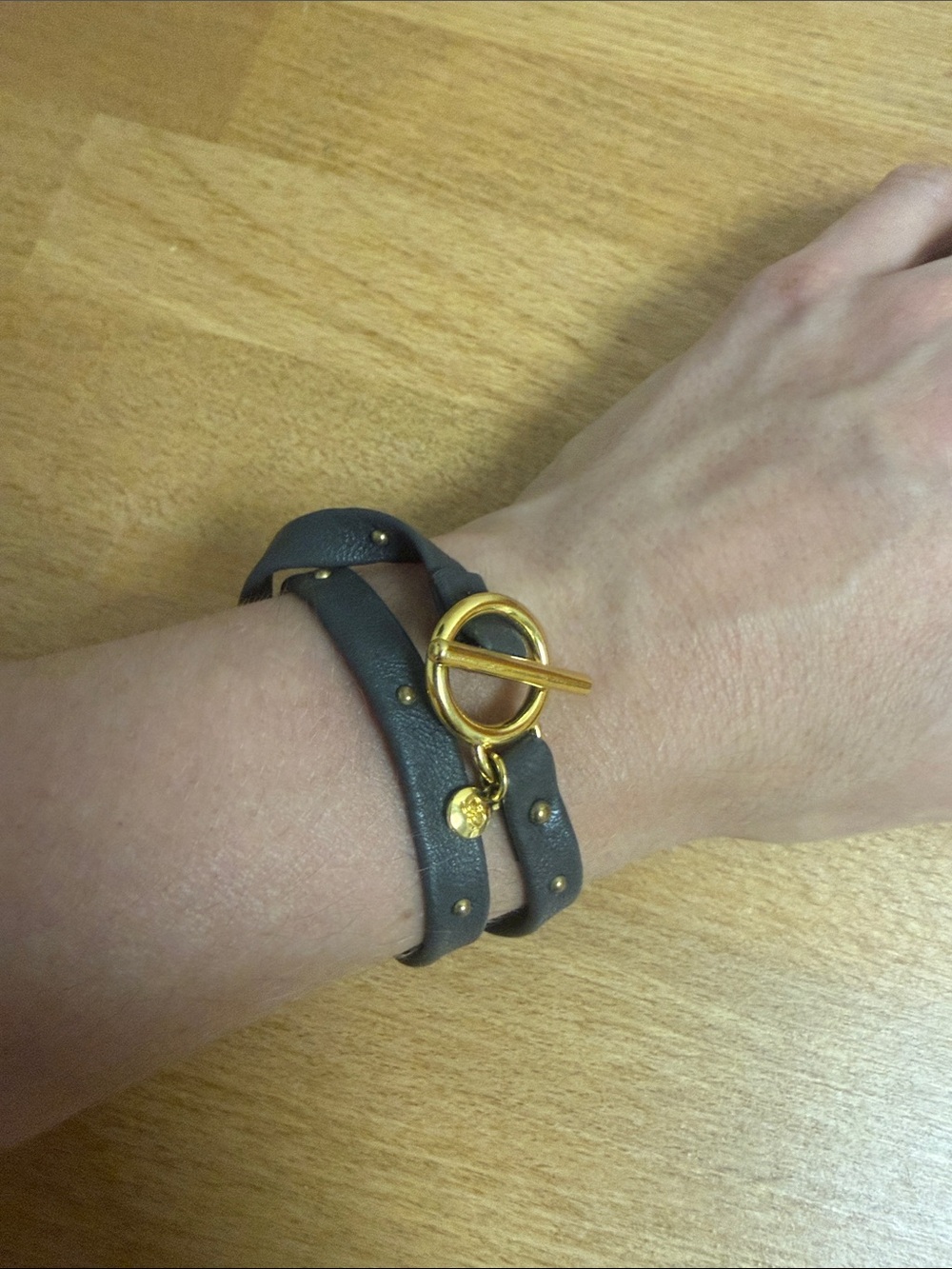 Gorjana faux grey leather double wrap bracelet with gold tone clasp dainty